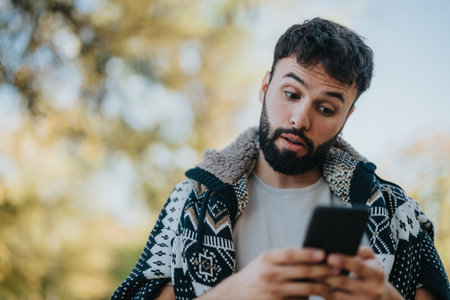 Man outdoors looking surprised at his phone in casual outfitの写真素材