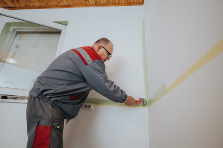 Worker painting interior wall green in modern homeの写真素材