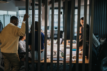Multicultural team brainstorming and strategizing in modern office environment