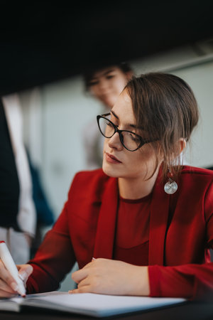 Focused businesswoman writing notes in a modern office settingの写真素材