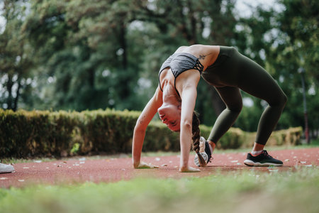 Fit young woman practicing an athletic back bend on a track outdoorsの写真素材