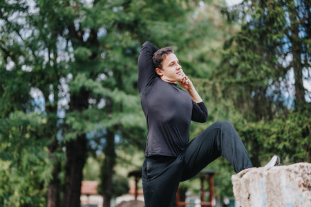 Man stretching outdoors in a park surrounded by lush greenery