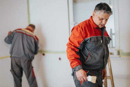 Experienced workers painting a room wall using professional techniquesの写真素材