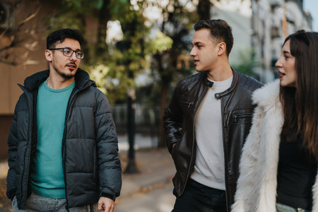 Three friends walking and talking casually on a sunny urban streetの写真素材