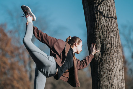 Young woman practicing yoga outdoors using a tree as support on a sunny dayの写真素材