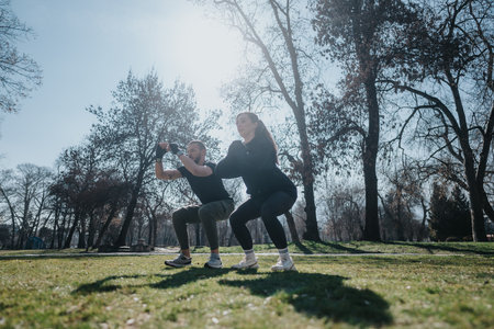Teenagers Exercising Together in a Park on a Sunny Dayの写真素材