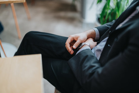 Close-up of a professional individual seated with hands crossed, showcasing a modern office environment.の写真素材