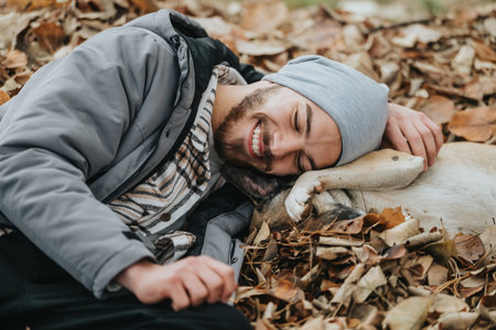 Young man laughing while hugging his dog on autumn leaves outdoorsの写真素材