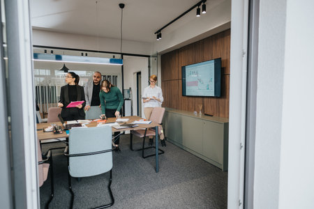 Diverse employees collaborating in a modern office during a business meeting with graphs on screen.