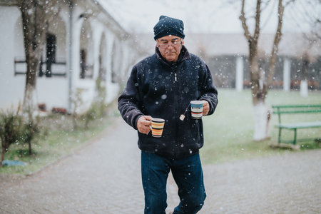 Elderly man holding two mugs while walking outdoors during snowfall in a peaceful countryside environment.の写真素材