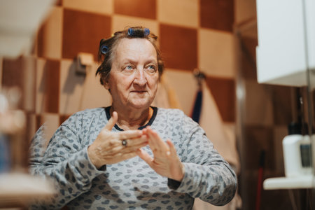 Senior woman styling hair in a cozy bathroom, highlighting morning routinesの写真素材