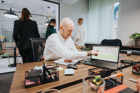 Business associates collaborating and analyzing data reports in a casual office setting