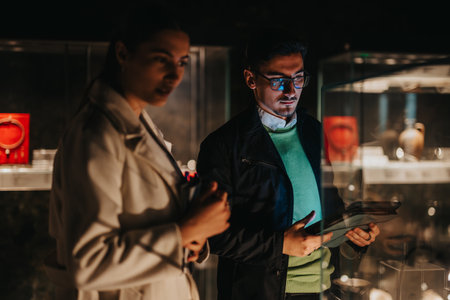 Two people observing an exhibit in a dimly lit museum showcasing ancient artifactsの写真素材