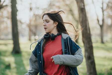 Teenager with headphones enjoying a breezy day outdoors in the park