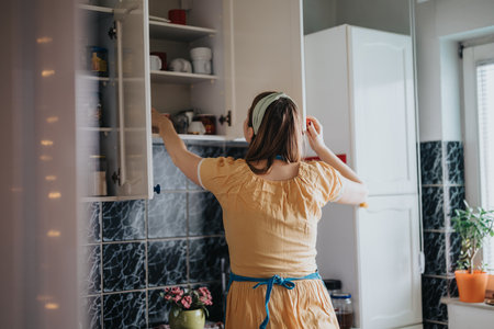 Woman in a kitchen arranging items in a cupboard wearing a yellow dressの写真素材