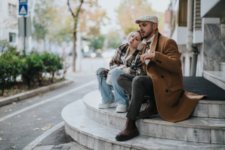 Young couple sitting on stairs enjoying a calm outdoor dayの写真素材