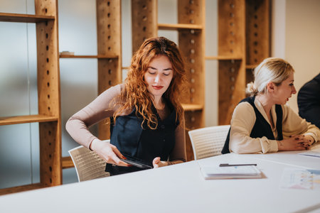 Young people engaging in a team meeting in a modern office setting, focusing on collaboration and organized tasks.の写真素材