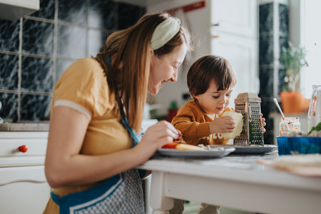 A mother and son spending quality time cooking together in a cozy kitchen setting, showcasing family...