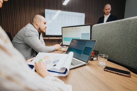 Business associates collaborating and analyzing data in a modern office meeting.の写真素材