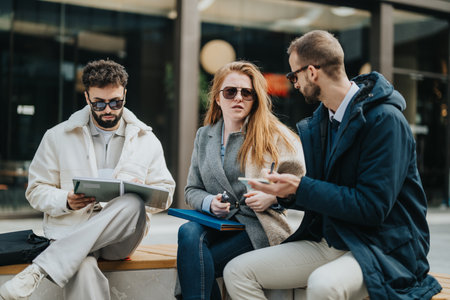 Group of business professionals collaborating outdoors with documents and coffee