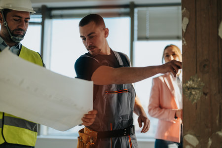 Construction project discussion among professionals focusing on building plansの写真素材