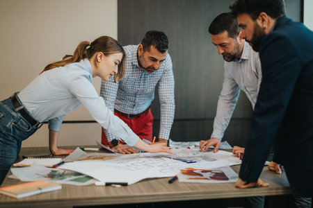 Group of business professionals collaborating on a project in a modern office environment