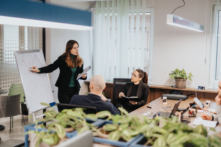 Team discussing business strategies during a meeting in a modern office settingの写真素材