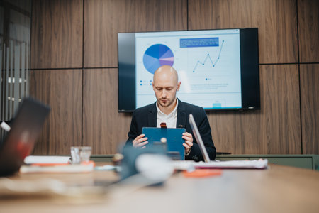Professional office scene with a businessman analyzing data on a tablet in a modern workspace with charts displayed.の写真素材