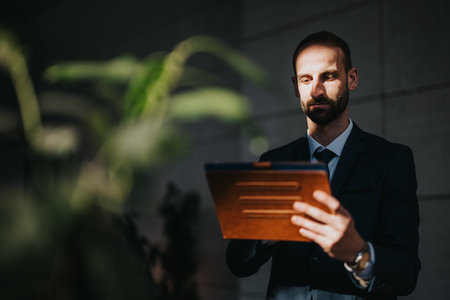 Businessman reading clipboard in a modern office with moody natural lighting