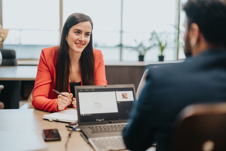 Professional business meeting featuring a smiling woman in an office environmentの写真素材