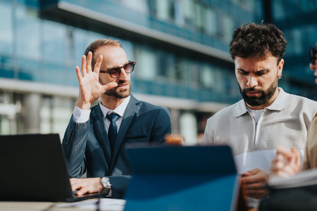 Two professional men having an outdoor discussion at a modern office complexの写真素材