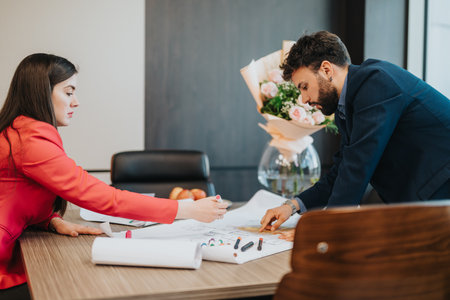 Two professionals engaged in collaborative planning at an office table, focusing on architectural drawings, fostering teamwork and creativity.の写真素材