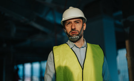 Engineer in a construction site wearing a safety vest and hard hat