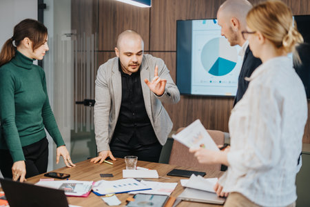 Business team collaborating in a modern office during a presentation discussionの写真素材
