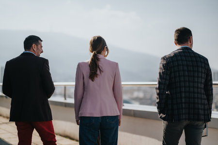 Business people on a rooftop terrace overlooking a distant cityscape