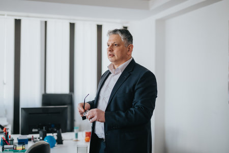 Professional businessman holding eyeglasses and standing in a modern office space