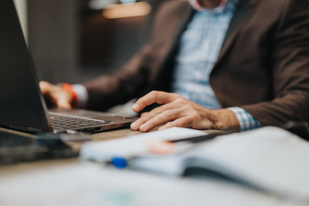 Professional workspace environment showcasing a focused individual working with technologyの写真素材