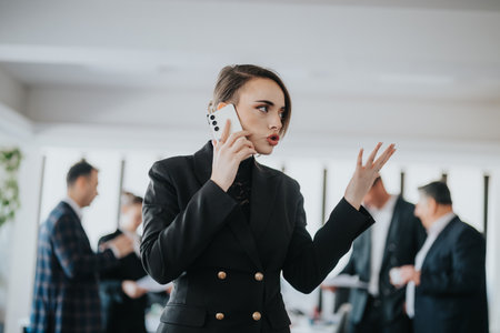 Businesswoman talking on the phone with colleagues in the background during a meetingの写真素材