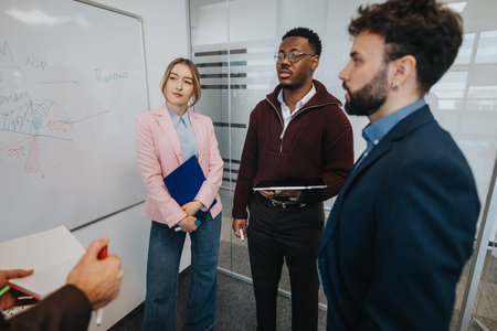 Group of professionals discussing revenue and strategies during a meeting.