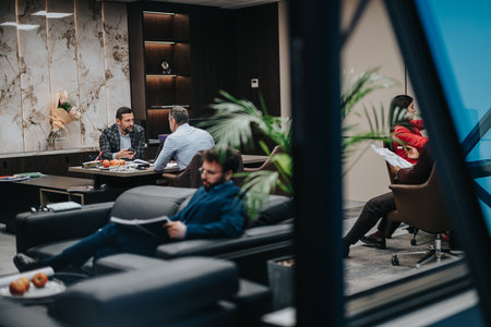 Modern office with seated professionals engaging in discussions and casual activitiesの写真素材