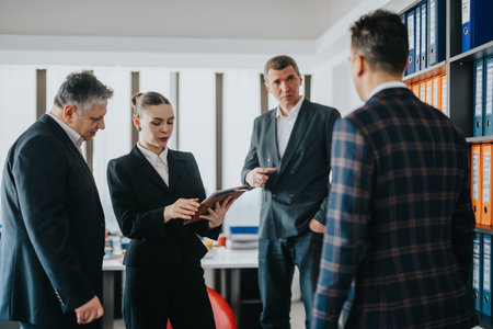 Professional business people collaborating in office environment while discussing strategies and plansの写真素材