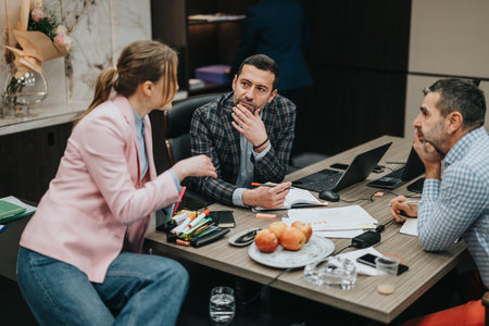Business professionals engaging in teamwork during a casual office meetingの写真素材