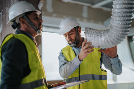 Two construction workers inspecting HVAC duct work in a commercial building wearing safety vests and helmetsの写真素材