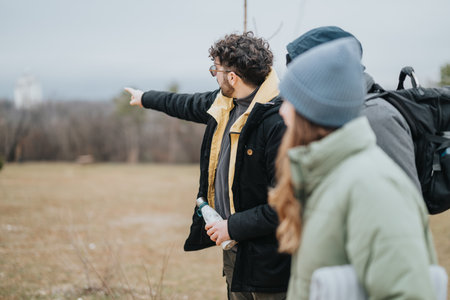Young friends exploring nature together on a cloudy outdoor adventureの写真素材