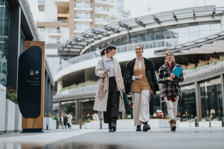 Professional businesswomen walking in modern urban setting during daytimeの写真素材