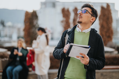 Business professional holding a notebook outdoors, with colleagues in the background enjoying break.の写真素材