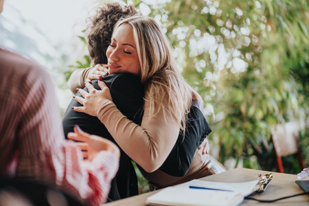 Team members share a warm embrace in a positive business meetingの写真素材