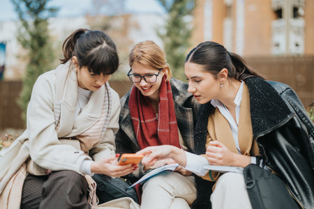Three young women discussing content on a smart phone outdoorsの写真素材