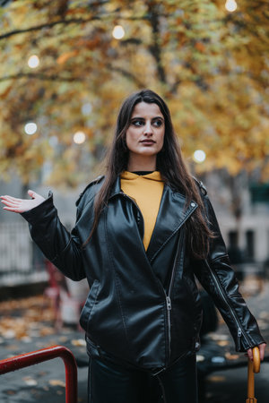 Woman wearing leather jacket posing outdoors surrounded by autumn foliage and string lights