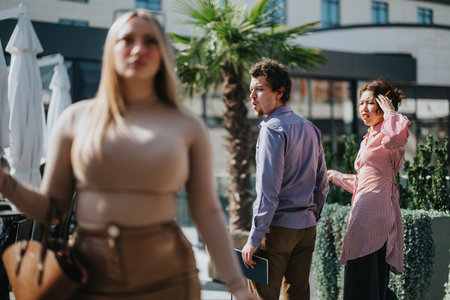 Multicultural business team having a meeting in urban outdoor setting